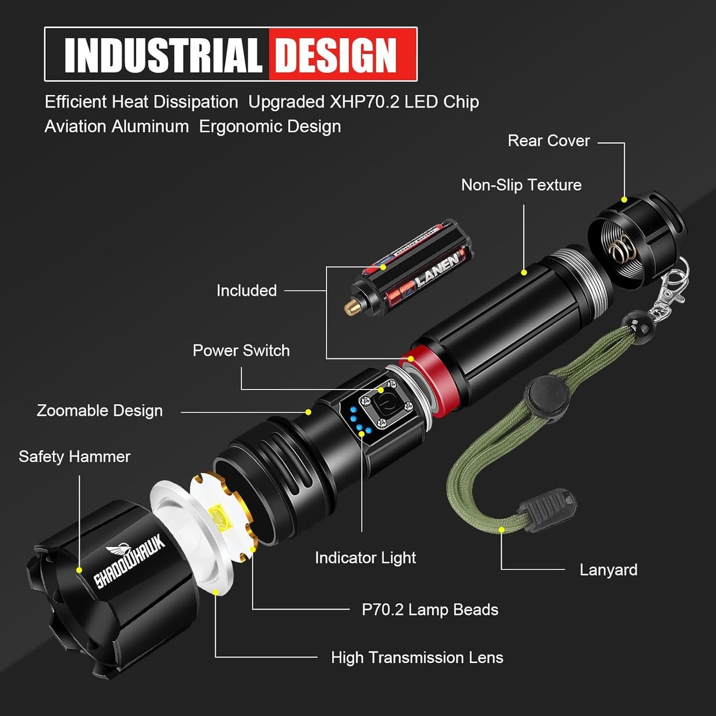 Shadowhawk Flashlight Rechargeable, 990000lm Flash Light Led flashlights high lumens, Super Bright Flashlight Tactical, XHP70.2 Powerful Flashlight USB,Waterproof Lampe de poche for Camping Emergency