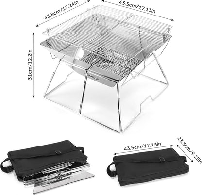 Odoland Collapsible Campfire Grill Camping Fire Pit, 304 Stainless Steel Grill Gate, Portable Camping Grill with Carrying Bag for Outdoor Backpacking Hiking BBQ