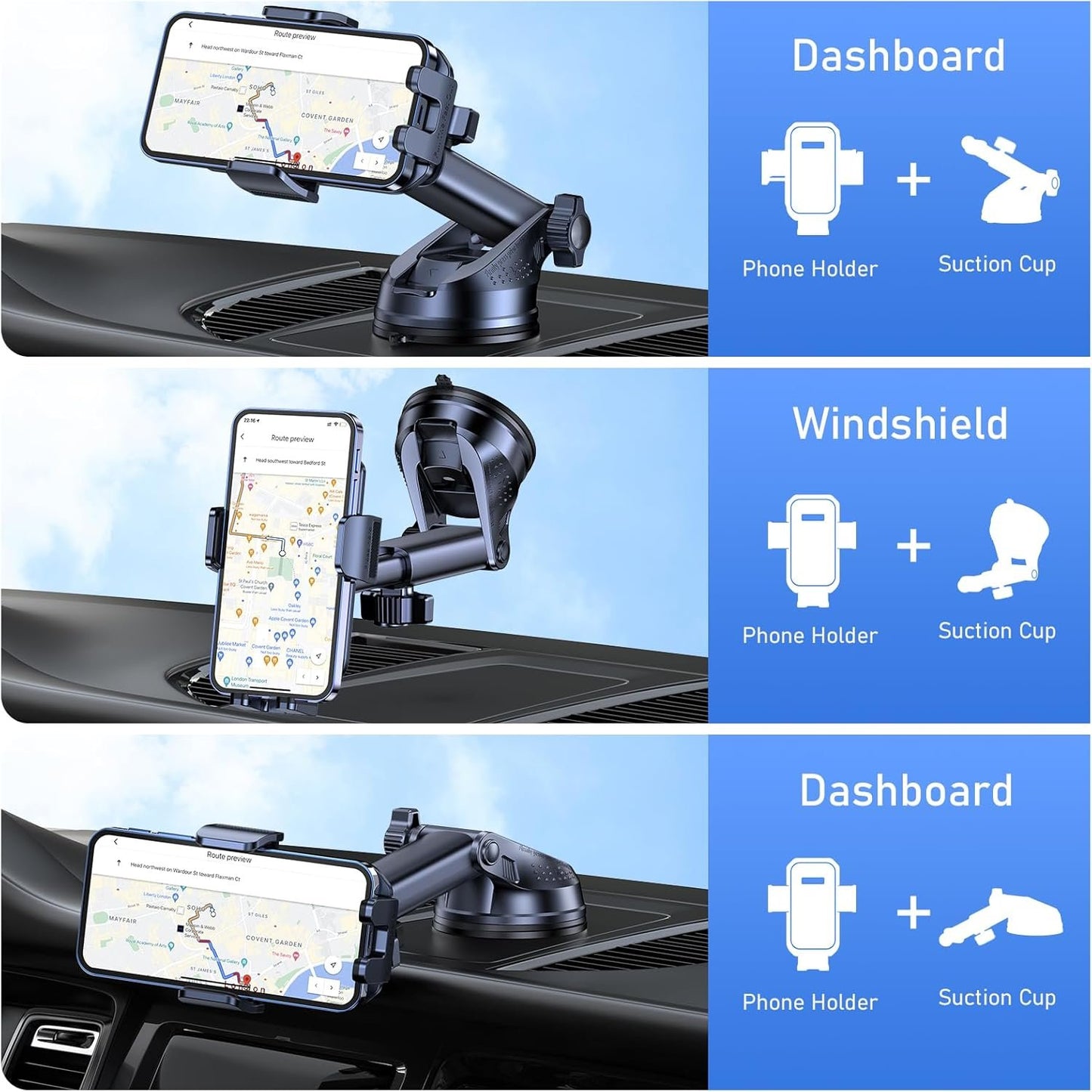 Blukar Phone Holder Car, [Upgraded Strong Suction] Adjustable Car Phone Holders Mount for Car Dashboard/Windscreen, 360°Rotation, One Button Release, Automobile Cradle for iPhone Android Smartphones