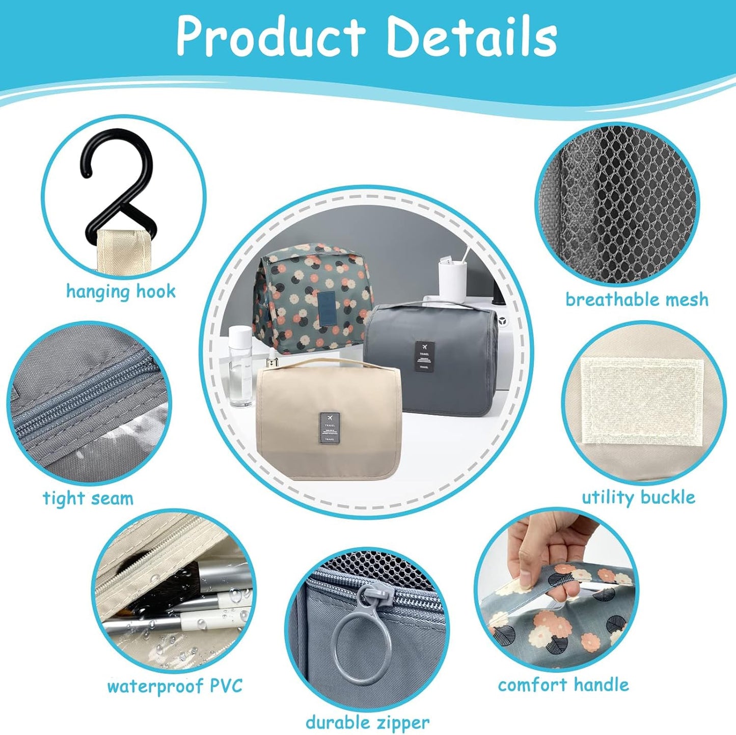 Hanging Toiletry Bag, Cosmetic Wash Bag Portable Organizer Travel Large Storage Bag, Foldable Wash Case with Carry Handle, Cute Makeup Toiletries for Adults Women Men (Blue-Flower)