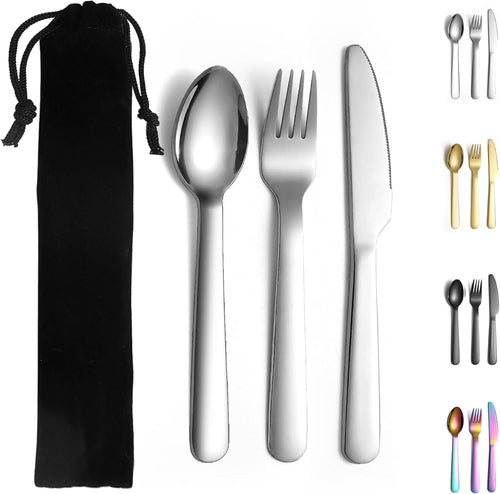 Evanda Portable Cutlery Set, Include Knife Fork Spoon, Stainless Steel Camping Flatware with Black Bag, for Outdoor, Picnic, Camping, Travel, Dishwasher Safe