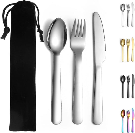 Evanda Portable Cutlery Set, Include Knife Fork Spoon, Stainless Steel Camping Flatware with Black Bag, for Outdoor, Picnic, Camping, Travel, Dishwasher Safe