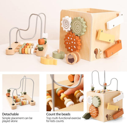 IEATFO 5 in 1 Wooden Activity Cube Play Center Bead Maze Leaves Shape Sorter Learning Montessori Toys for Toddlers 1-3 Early Educational Developmental Learning Toys for Kids