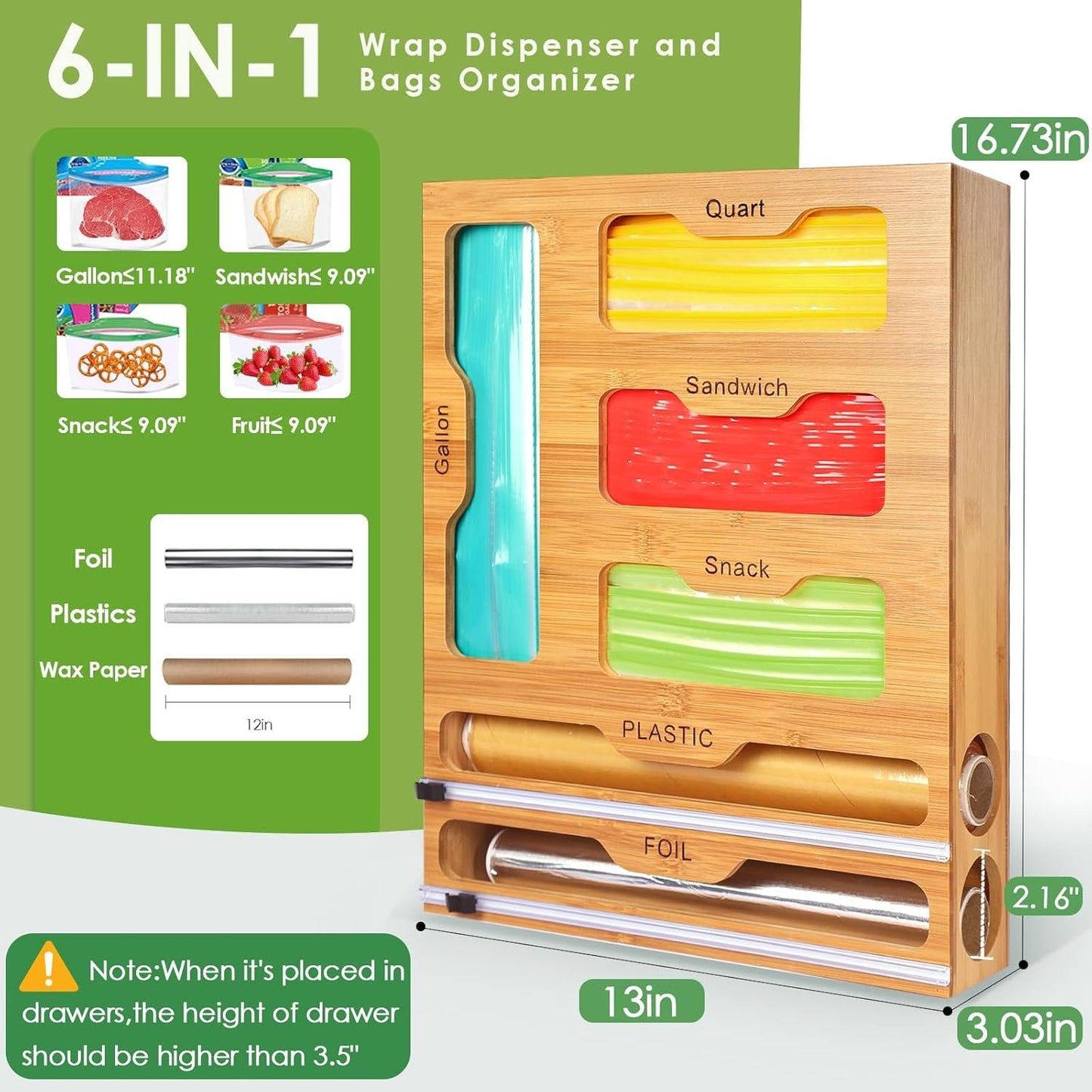 Bag Storage 6 IN 1 Foil and Plastic Wrap Organizer for Kitchen Drawer, Plastic Wrap Dispenser with Cutter, 100% bamboo foil and plastic wrap organizer,bag organizer for Drawer Gallon, Quart