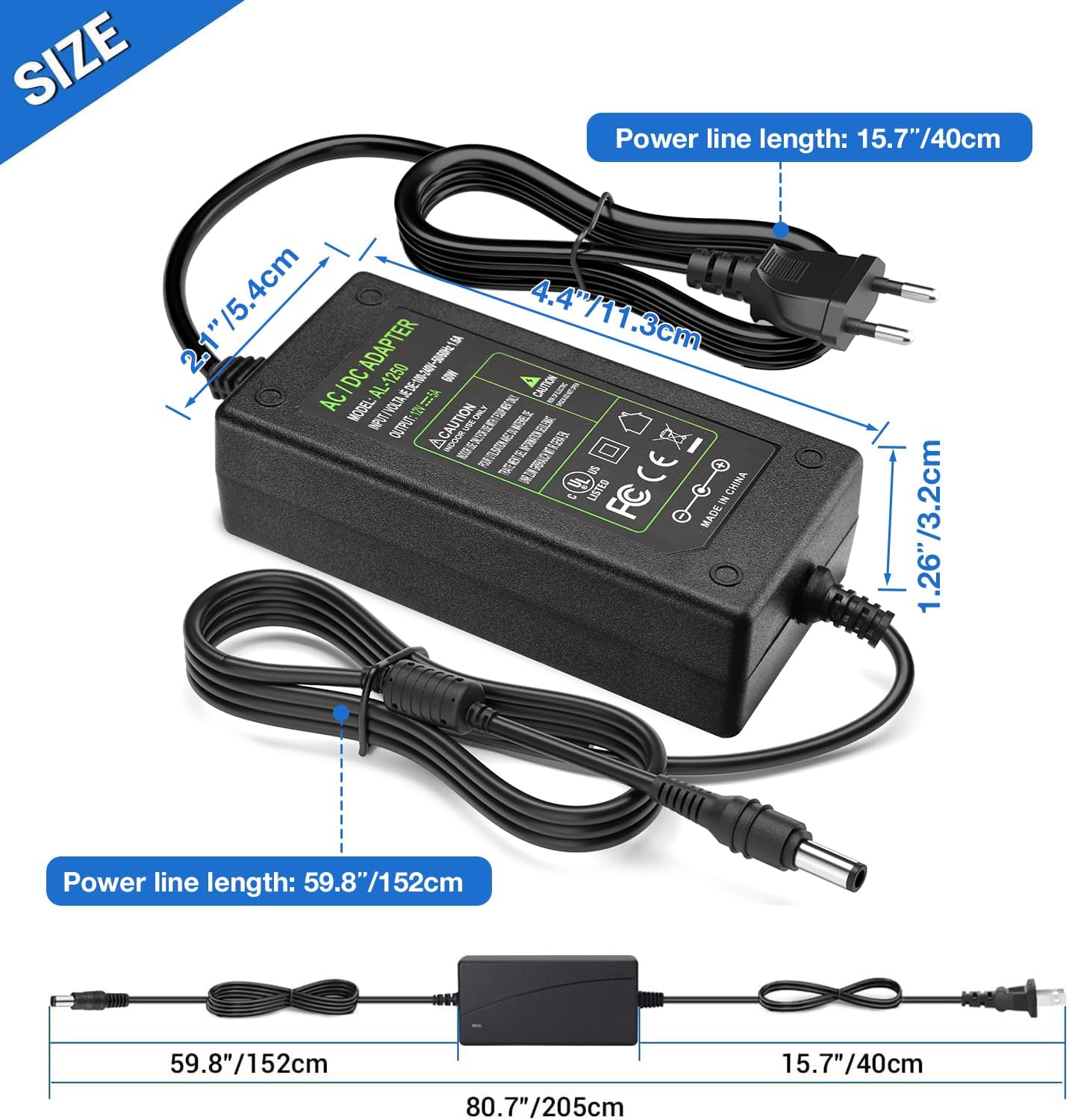 12V 5A AC 100-240V to DC 12V 5A 60W Power Supply for LED Strip Lights DVD TV Amplifier Camera System - Euro Plug