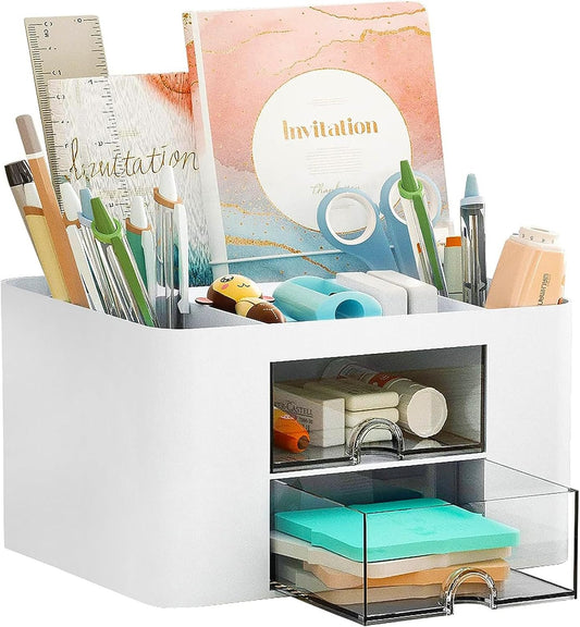Drawer Organizers, 4 sections & 2 drawers Pen Holder for Desktop Storage, Desk Organizer, Plastic Makeup Organizer, Desk Organization for School, Home, Office Supplies (White)