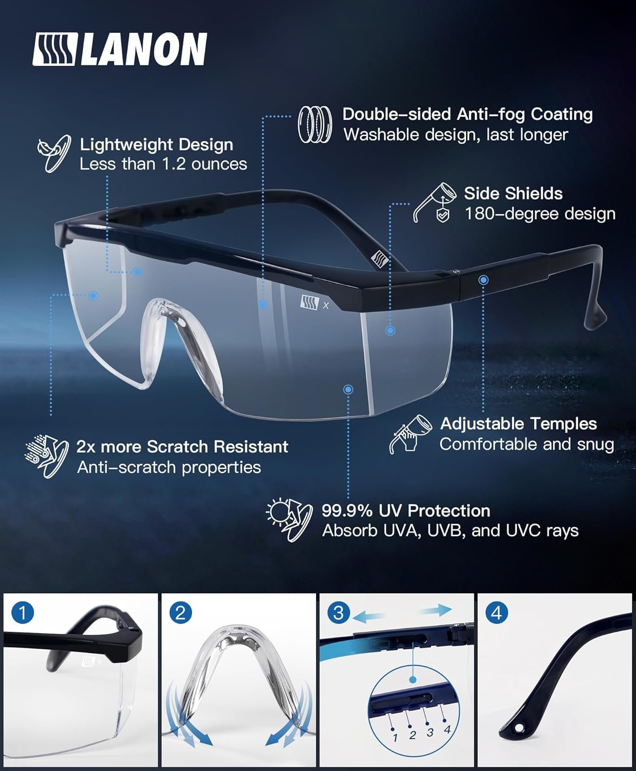 LANON ANSI Z87+ Safety Glasses,3X Anti-Fog Safety Goggles with Adjustable Temples, Scratch Resistant,Side Protection, Clear Protective Eyewear, Lab Goggles