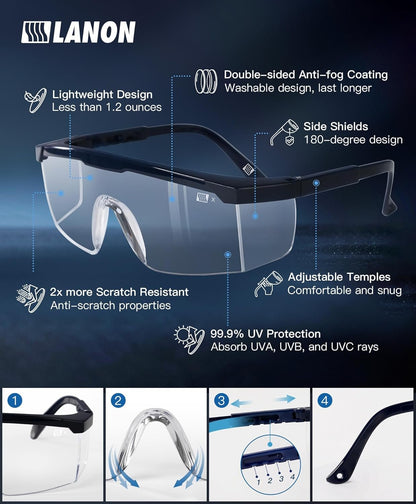 LANON ANSI Z87+ Safety Glasses,3X Anti-Fog Safety Goggles with Adjustable Temples, Scratch Resistant,Side Protection, Clear Protective Eyewear, Lab Goggles