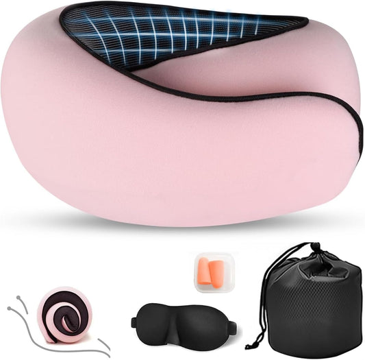 Neck Pillow Travel Pillows 100% Pure Memory Foam Neck Pillow, Comfortable & Breathable Cover, Airplane Travel Kit with 3D Contoured Eye Masks, Earplugs, for Airplane, Cars, Office Pillow (Pink)