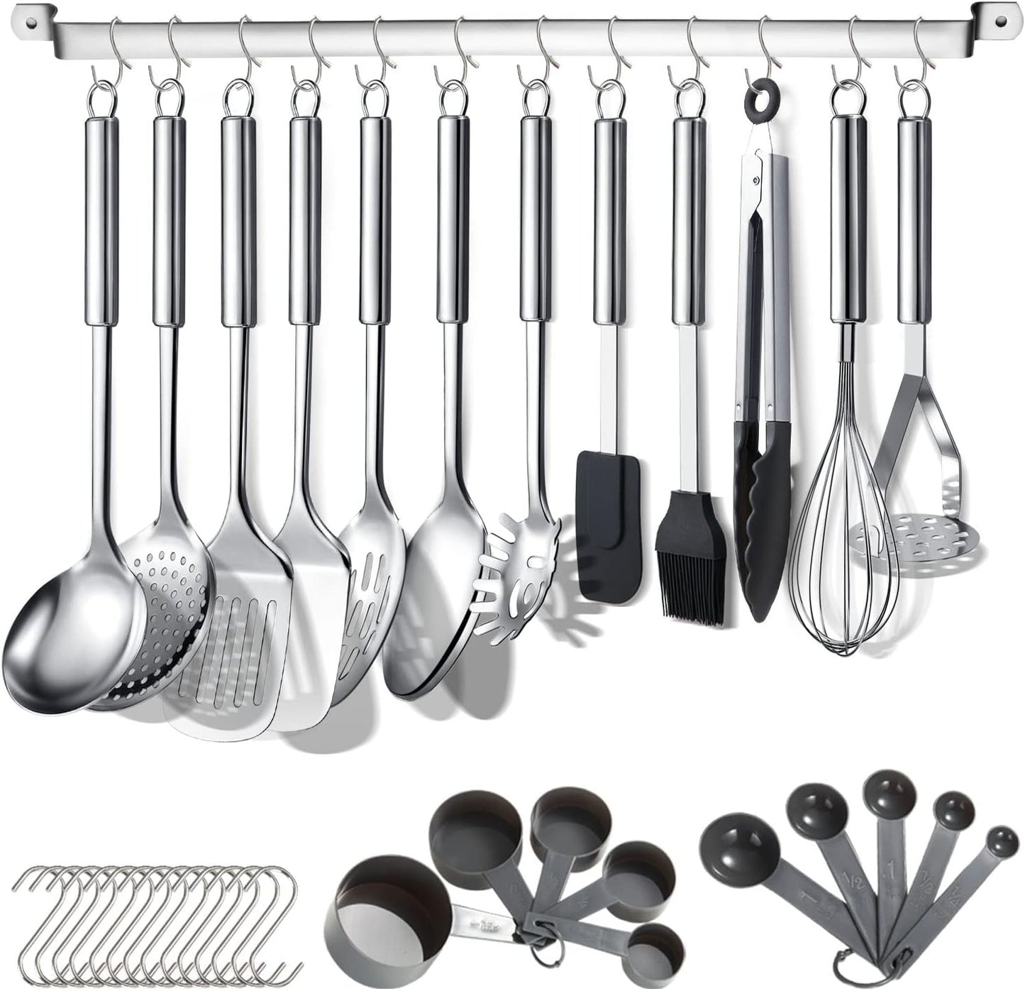 Berglander Kitchen Utensils Set 38 Pieces, Stainless Steel Cooking Utensils Set, Kitchen Gadgets Cookware, Kitchen Tool Set with Utensil Holder Rack and Hooks for Hanging Dishwasher Safe