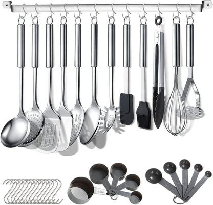 Berglander Kitchen Utensils Set 38 Pieces, Stainless Steel Cooking Utensils Set, Kitchen Gadgets Cookware, Kitchen Tool Set with Utensil Holder Rack and Hooks for Hanging Dishwasher Safe