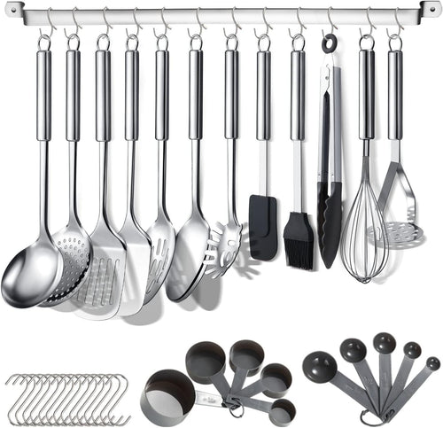 Berglander Kitchen Utensils Set 38 Pieces, Stainless Steel Cooking Utensils Set, Kitchen Gadgets Cookware, Kitchen Tool Set with Utensil Holder Rack and Hooks for Hanging Dishwasher Safe