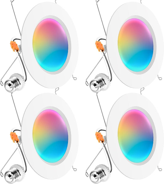 Sunco 4 Pack LED Recessed 6 Inch, Smart RGBW Color Changing Can Lights, High Brightness 1200 LM, 14W, Retrofit Installation, Compatible with Amazon Alexa & Google Assistant - UL.