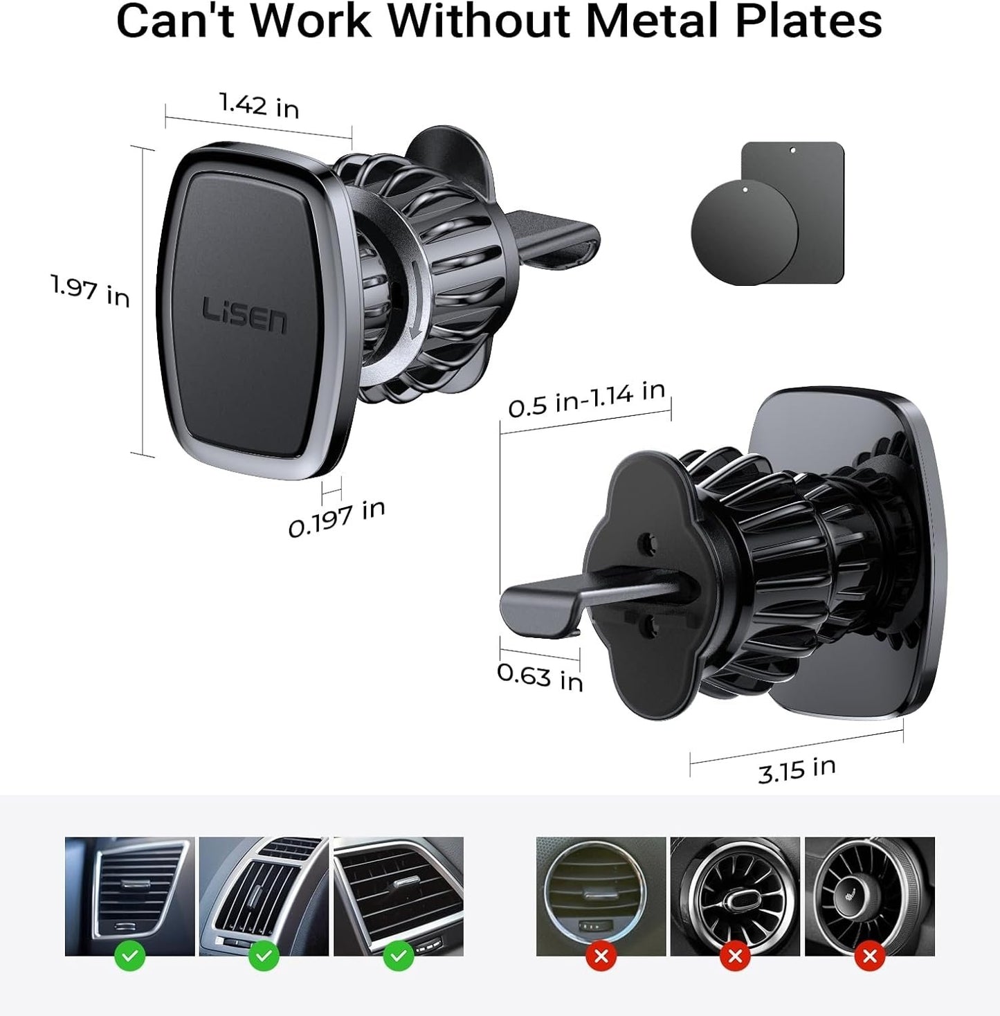 LISEN Magnetic Phone Holder Car Vent 2 Pack 6 Strong Magnets Car Vent Phone Holder Magnetic Hands-Free Cell Phone Holder Magnetic Car Mount Fit 4-7in iPhone 16 15 14 Pro Max Plus All Phones