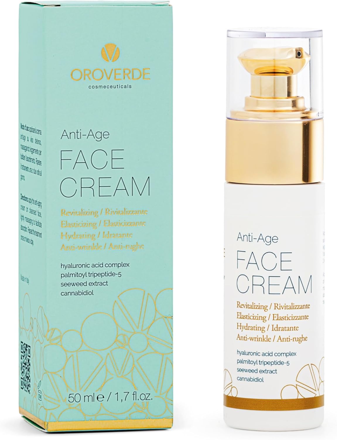 OROVERDE Anti-Age Face Cream 50 ml – Moisturizing Anti-Wrinkle Primer Effect Treatment – with Cannabidiol, Hyaluronic Acid and Organic Natural Ingredients – Luxury Skincare, Made in Italy