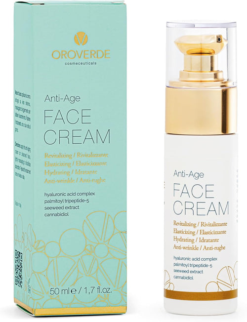 OROVERDE Anti-Age Face Cream 50 ml – Moisturizing Anti-Wrinkle Primer Effect Treatment – with Cannabidiol, Hyaluronic Acid and Organic Natural Ingredients – Luxury Skincare, Made in Italy