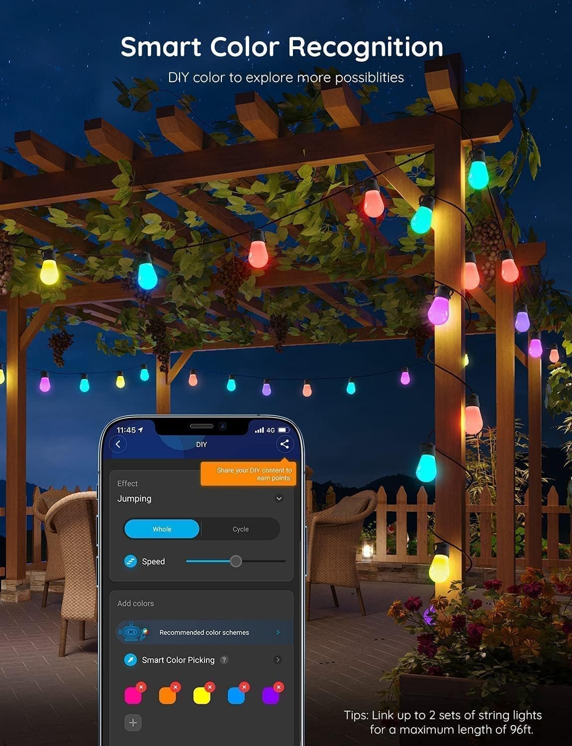 Govee Smart Outdoor String Lights H7020, RGBIC Warm White 48ft LED Bulbs, WiFi Patio Lights Work with Alexa, APP Control, IP65 Waterproof, Dimmable for Balcony, Backyard