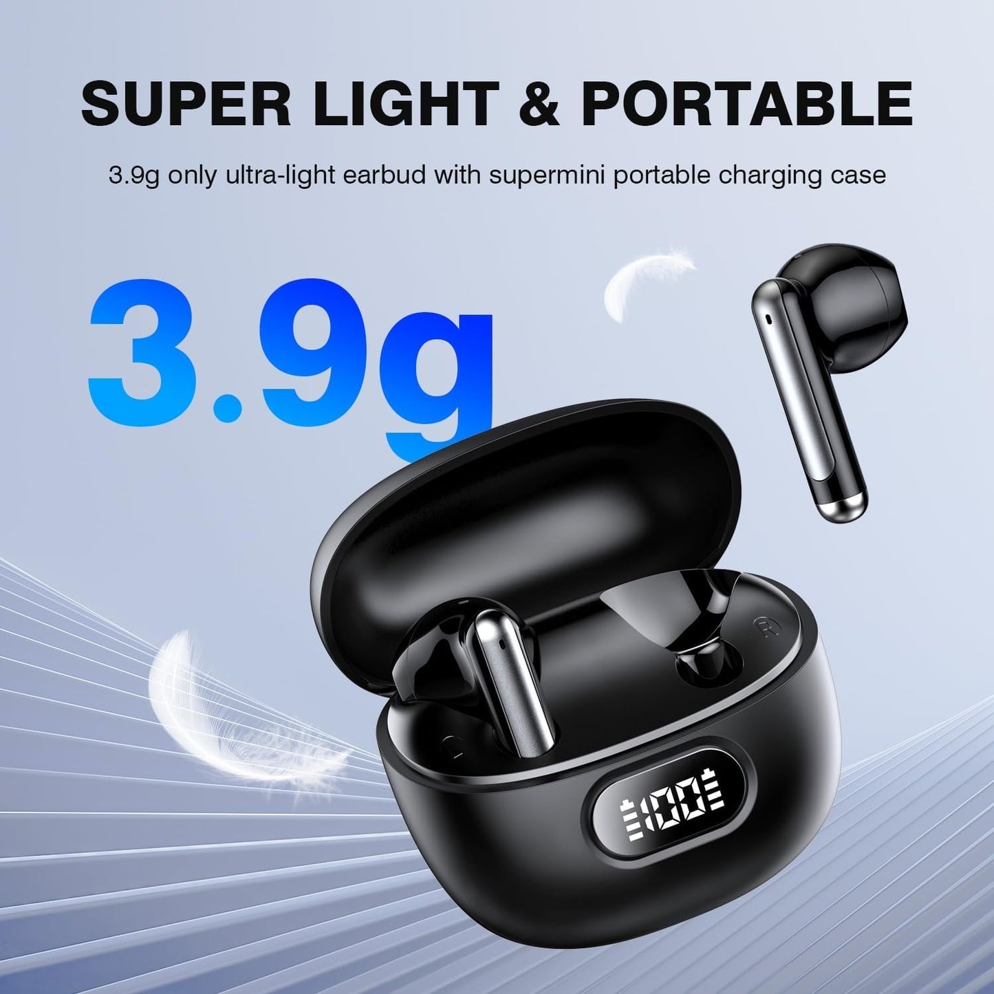 Bluetooth Earbuds Wireless 5.3 LED Display Headphones with ENC Mic,40H Bluetooth Earphones in Ear Deep Bass Stereo Sound,Mini Ear Buds IP6 Waterproof,Touch Control for Work Sport