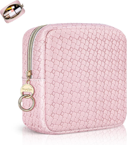 Travel Beauty Case Makeup Bag Women Leather Clutch Bag Checkerboard Cosmetic Bag Organizer Bags Makeup Organizer Portable Travel Accessories for Girl Birthday, Small Chessboard-Pink, Toiletry Bag