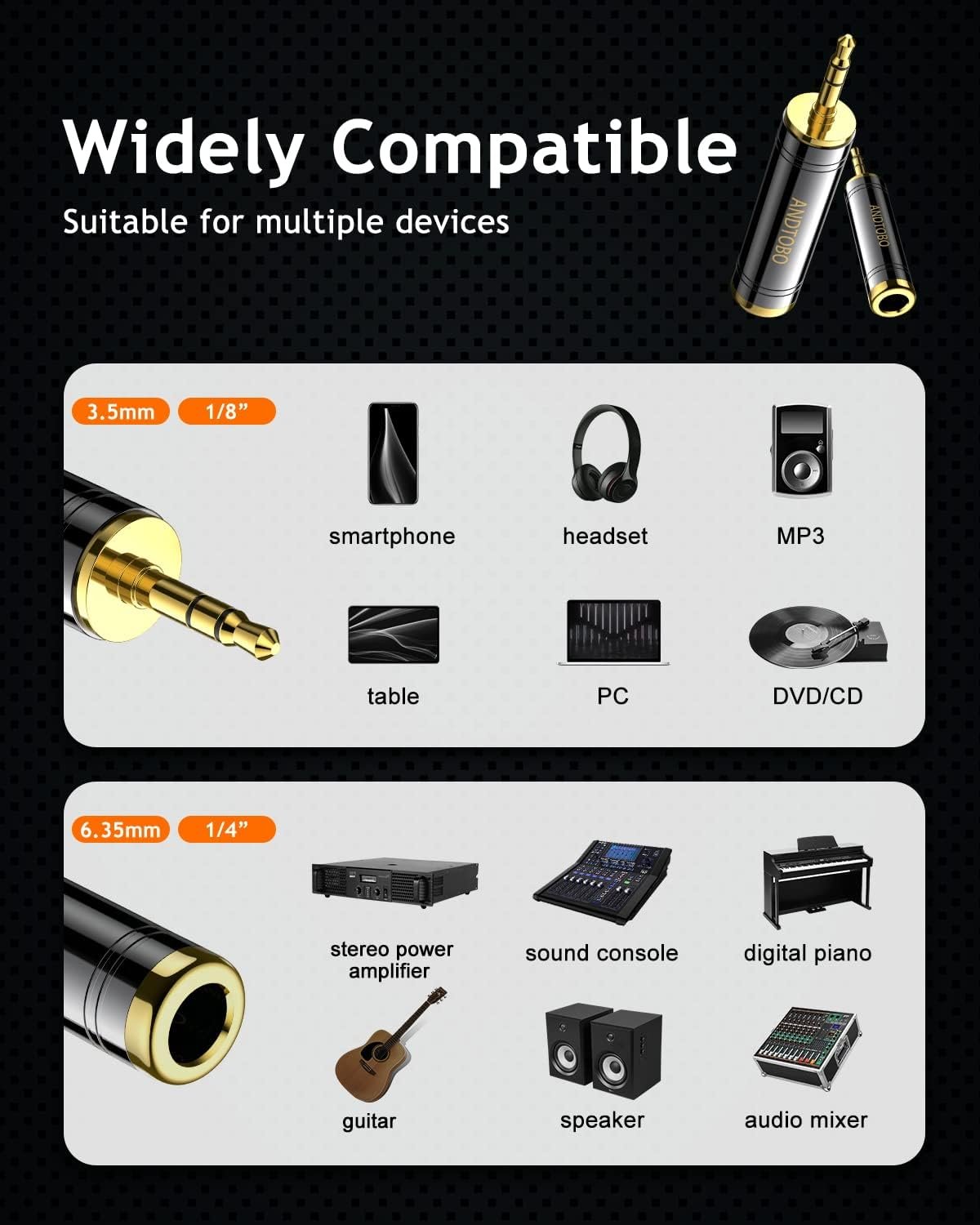 ANDTOBO 1/4'' to 3.5mm Stereo Pure Copper Headphone Adapter, 1/8'' Plug Male to 1/4''（6.35 mm） Jack Female Stereo Adapter for Headphone, Amp Adapter, Black 1-Pack