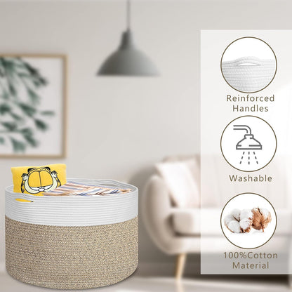Extra Large 100% Cotton Rope Basket 21.7" × 21.7" × 13.8", SONPENT Woven Storage Laundry Basket Cotton Basket Pillows Storage Bin with Handle for Living Room Home Decor