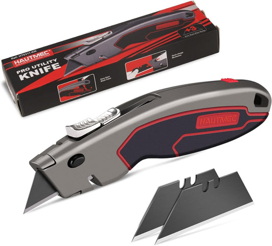 HAUTMEC Heavy Duty Utility Knife With Dual Cutting Mechanism: Safety Auto-Retracting Cutting and Precision 3 Position Depth Tough Cutting, Professional Box Cutter With 3 Black Sk4 Blades, HT0311