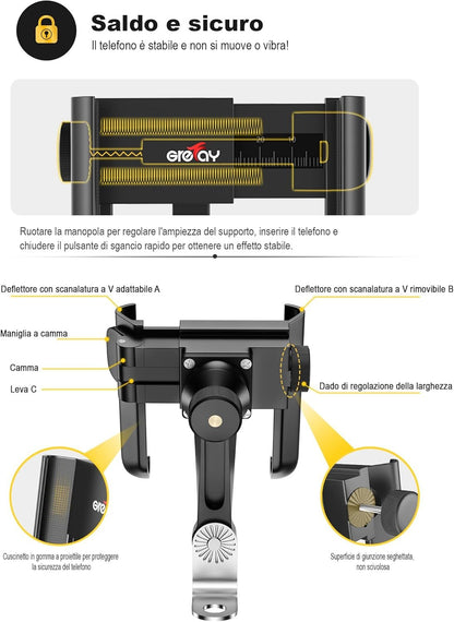 Grefay Motorcycle Phone Holder 1S Quick Release Mobile Phone Holder Anti Shake Mirror for 3.5-7.0 Inch Smartphone 360° Rotatable