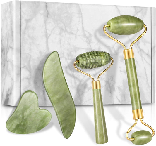 4-pcs Jade Roller & Gua Sha Set, Facial Roller Massager with Gua Sha Scraping Tool, Jade Stone Massager for Anti-aging, Slimming & Firming, Rejuvenate Face and Neck, Remove Wrinkles & Eye Puffiness