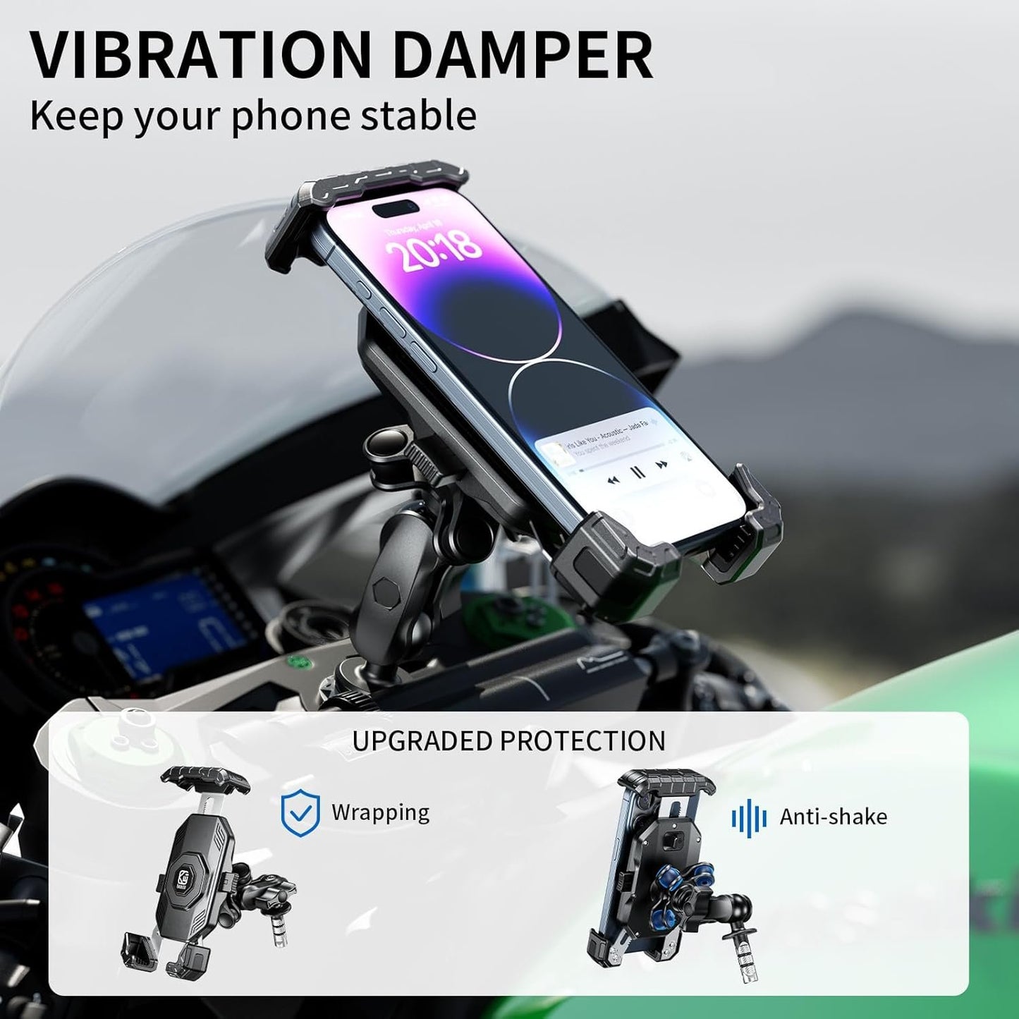 Kewig Motorcycle Fork Stem Phone Mount Holer with Vibration Dampener, Anti-Theft Motorcycle Phone Mount, [1s Lock & Release] Fits for Fork Stem 12-25.4mm in Diameter, for 5.5-7.2" Cellphones