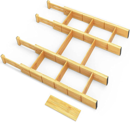 DoublleHui Bamboo Drawer Dividers with Inserts and Labels, Expandable Organization for Home, Office, Dressers, 4 Dividers with 9 Inserts (43-56cm), Natural Brown
