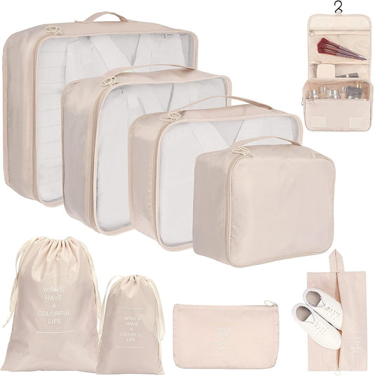 TAMOWA Organizer Suitcases Set of 9, Travel Cube Packing Cubes, Cosmetics Clothing Underwear Footwear Organizers Sacks Storage Suitcase Set, beige, L