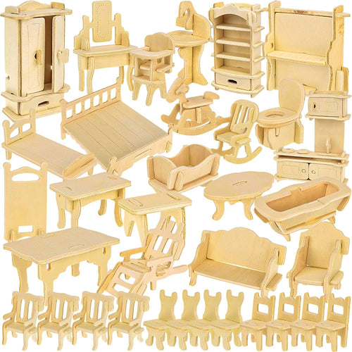 Dollhouse Furniture Set, Customizable 34 Pieces Kitchen Bathroom Living Room Bedroom Children's Room DIY Wooden Set 23542