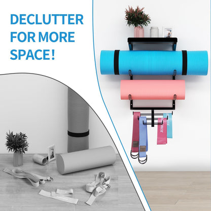 Yoga Mat Holder Wall Mount Yoga Mat Storage Rack Home Gym Accessories with 3 Sectional and 7 Hooks for Hanging Foam Roller and Resistance Bands at Fitness Class or Home Gym