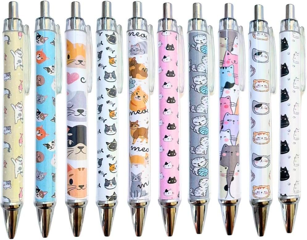 10PC Cat Ink Pens Set Cute Kawaii Funny Cats Kitty Themed Paw Ballpoint Gel Pen School Stationary Notebook Diary For Women Lovers Office Worker Supplies Stuff Clipboard Decor Desk Accessories Gifts
