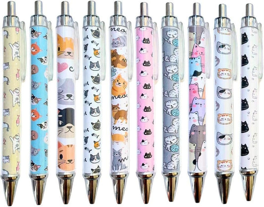 10PC Cat Ink Pens Set Cute Kawaii Funny Cats Kitty Themed Paw Ballpoint Gel Pen School Stationary Notebook Diary For Women Lovers Office Worker Supplies Stuff Clipboard Decor Desk Accessories Gifts