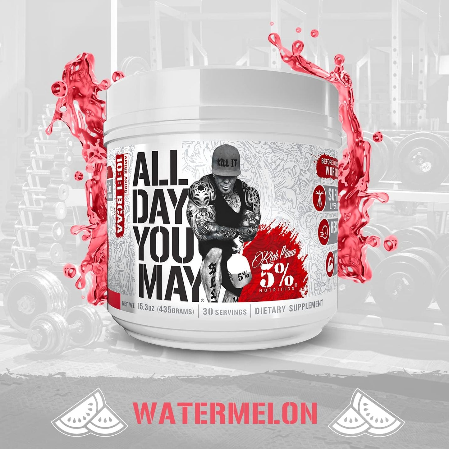 Rich Piana 5% Nutrition All Day You May - Watermelon Flavour -10:1:1 BCAA Post Workout Muscle & Joint Recovery Drink Supplement Powder, Essential Amino Acids, Sugar-Free, 435g, 30 Servings