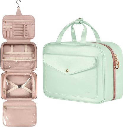 Travel Toiletry Bag for Women, Hanging Makeup Bag with Swivel Hook, Large Waterproof Cosmetic Bag Travel Organizer TSA Approved Full Sized Container for Toiletries, Cosmetics, Accessories, Mint Green