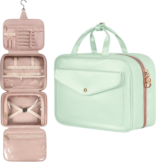 Travel Toiletry Bag for Women, Hanging Makeup Bag with Swivel Hook, Large Waterproof Cosmetic Bag Travel Organizer TSA Approved Full Sized Container for Toiletries, Cosmetics, Accessories, Mint Green