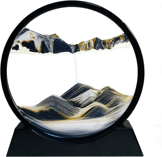 Sand Painting Flowing Deco- Round Hourglass Painting 3D Flow Frame Sand Moving Image, Dynamic Landscape Art Decoration Gift for Home Office (Black, 7 Inches)