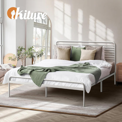 Oikiture Bed Frame Double Metal Bed Base with Headboard White