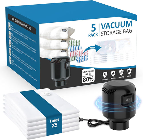 GGH 5 Pack Vacuum Storage Bags with Electric Pump, Large Vacuum Seal Bags for Clothing, Comforters, Blankets - Space Saver Compression Bags for Travel & Home Organization
