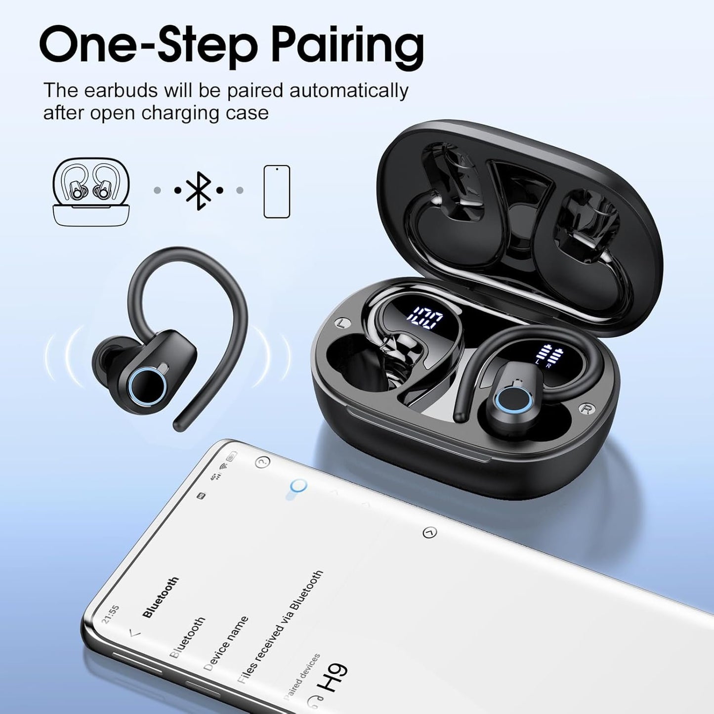 Wireless Earbuds, 50H Bluetooth 5.4 Headphones Sport, Wireless Earphones with HiFi Stereo Sound, IP7 Waterproof Bluetooth Earbuds with ENC Noise Canceling, LED Display Ear Buds for Sports/Workout