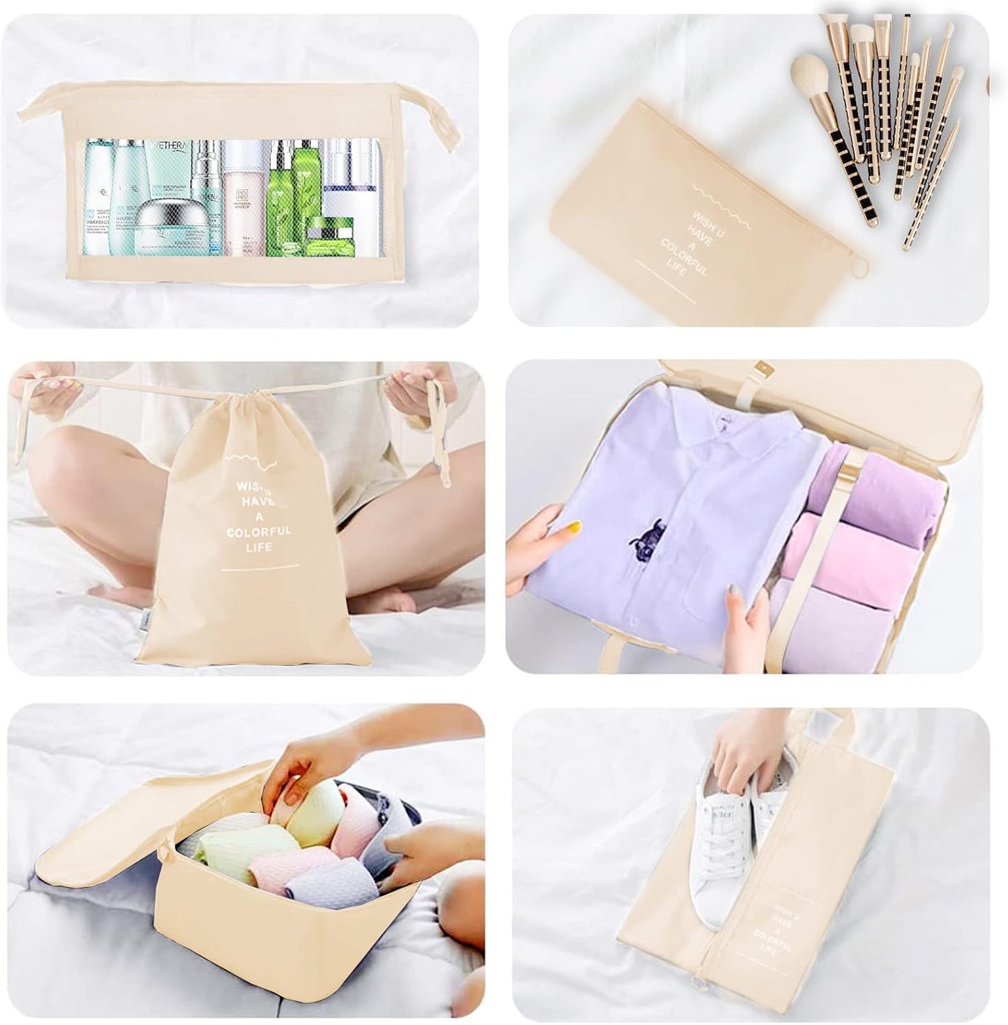Jsdoin Suitcase Packing Cubes, 9 Pieces Travel Organizer for Backpack, Waterproof Travel Essential Bag, Travel Accessories (Beige)