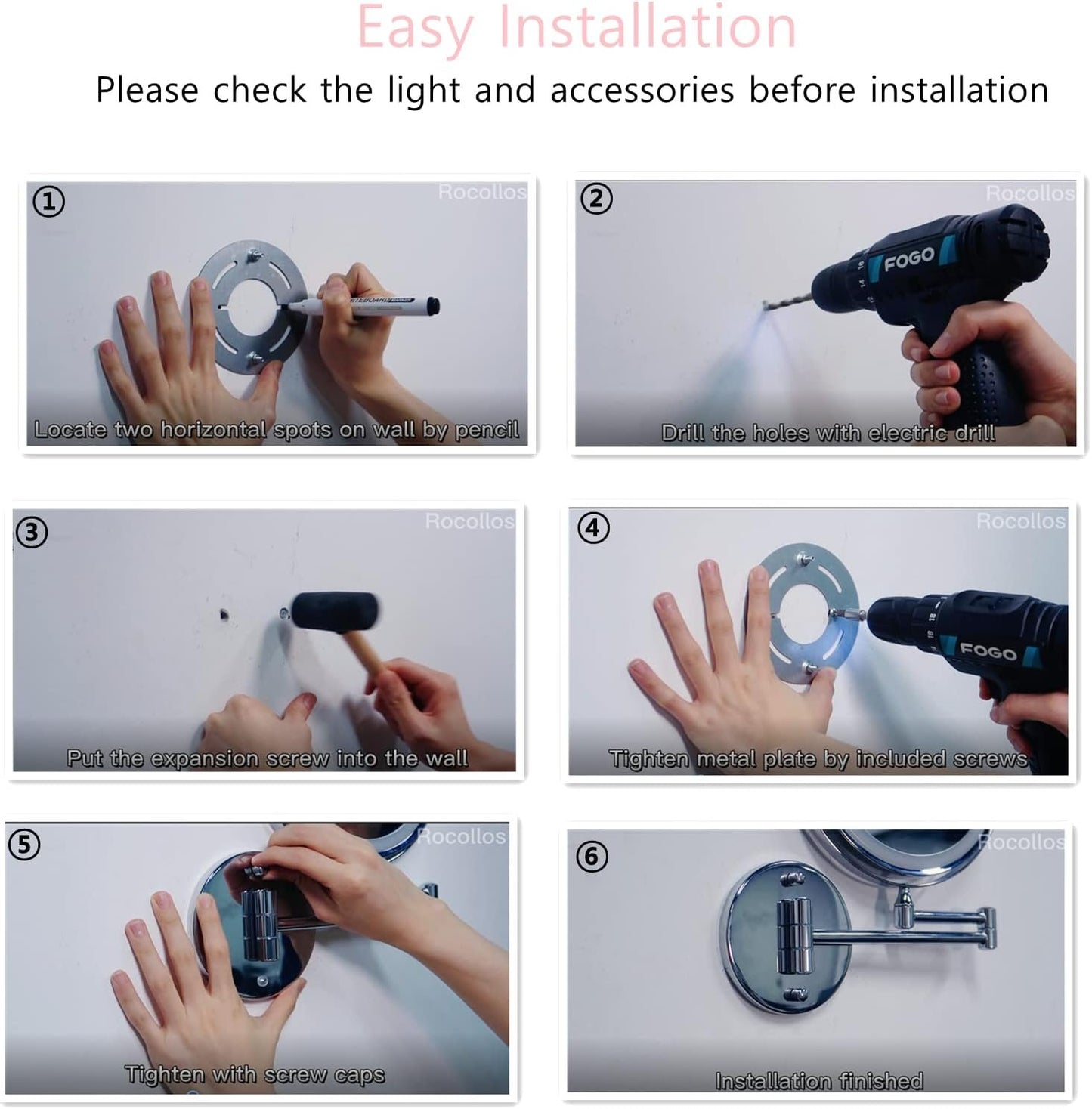 Rechargeable Wall Mounted Makeup Mirror, 8 Inch Double-Sided LED Vanity Mirror 1X/10X Magnification,3 Color Lights Touch Screen Dimmable 13 Inch Bathroom Mirror (Chrome)