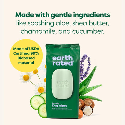 Earth Rated (A Canadian Company) Dog Grooming Wipes, Hypoallergenic, Cleaning and Hydrating, for Paws, Body and Butt, Lavender Scented, 400 Count