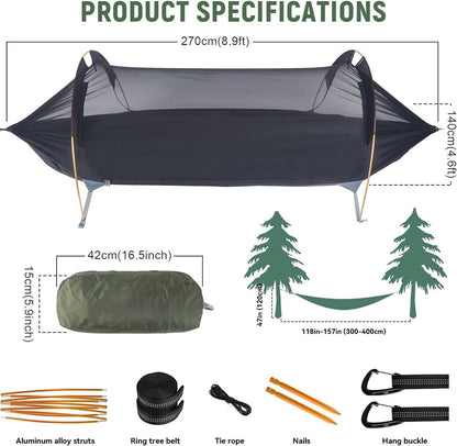 OZMSHF Hammock with Mosquito Net and RainFly Cover Camping Hammock Tent 440lbs Load,3 in 1 Waterproof Lightweight Portable Sleeping Hammock Bug Backpacker Travel Outdoor Gear with Tree Strap Swing