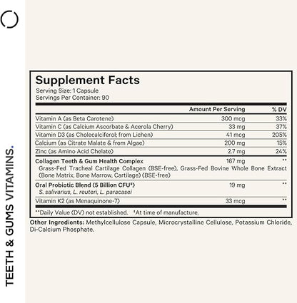 Codeage Teeth & Gums Vitamins + Oral Probiotics Supplement for Mouth - Whole Food Calcium, Collagen, Potassium, Vitamin C, D3, K2, Zinc – Oral Care & Dental Multivitamin Supplements - 90 Capsules