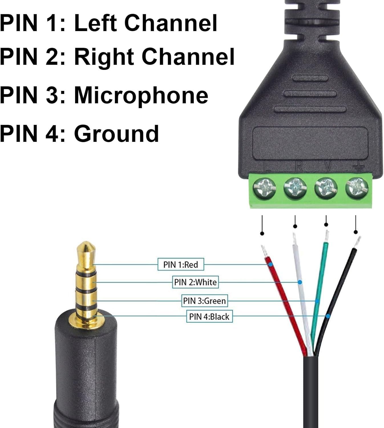 Poyiccot 3.5mm Speaker Wire Adapter, 3.5mm (1/8") 4 Pole Stereo TRRS Male Jack to AV 4 Screw Terminal Block Balun Connectors Cable 30cm (1/8inch/ 4pin)