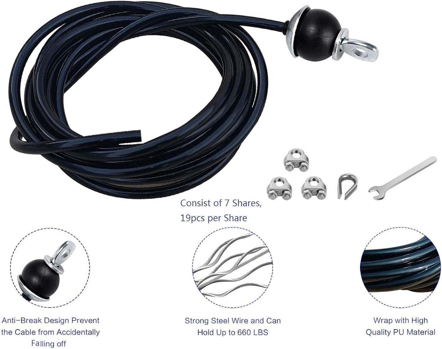 Home Gym Fitness LAT Pulldown Cable Replacement 78/118/ 236 Inch， 6mm Adjustable Length for Pulley System Cable Machine Workout Equipment, Steel Wire Rope with Rubber Stopper Ball