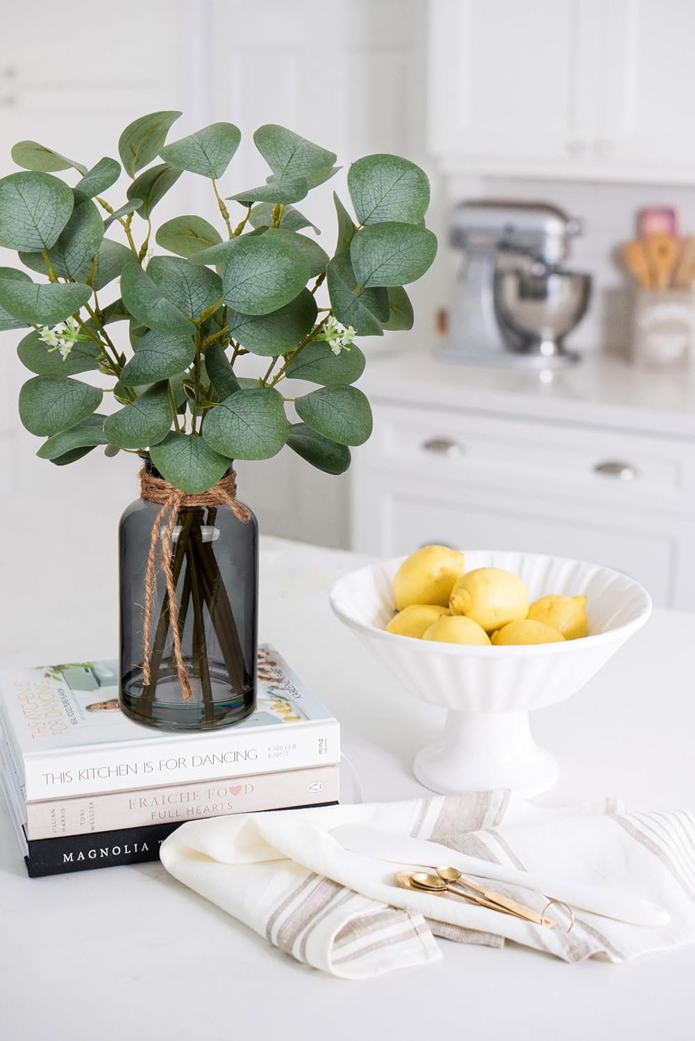 DILATATA Artificial Eucalyptus Stems in Glass Vase with Faux Water, 14" Fake Plant Eucalyptus Leaves for Home Office Farmhouse Wedding Centerpiece Décor